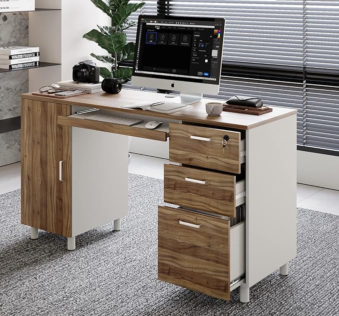 Modern Design By Crafts & comfort Venice Computer Desk - Office Desk with 3 Drawers & CPU Storage Cabinet - Laptop Workstation with Keyboard Tray & Cable Hole - Home & Office Supplies -Cass/White - LeafyLoom