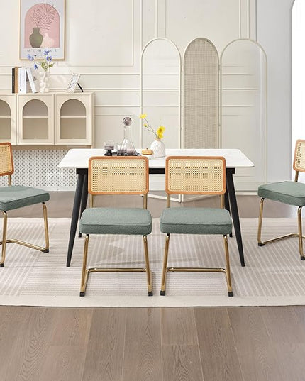 Rattan Dining Chairs Set of 2, Mid Century Modern Sherpa Dining Room Kitchen Chairs with Cane Back, Metal Chrome Legs, Upholstered Wicker Armless Accent Chairs, Green - LeafyLoom