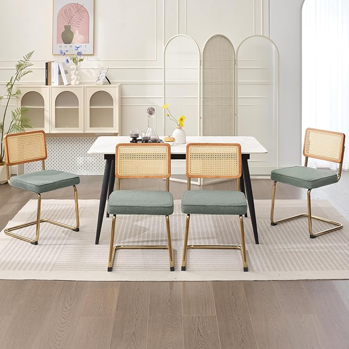 Rattan Dining Chairs Set of 2, Mid Century Modern Sherpa Dining Room Kitchen Chairs with Cane Back, Metal Chrome Legs, Upholstered Wicker Armless Accent Chairs, Green - LeafyLoom