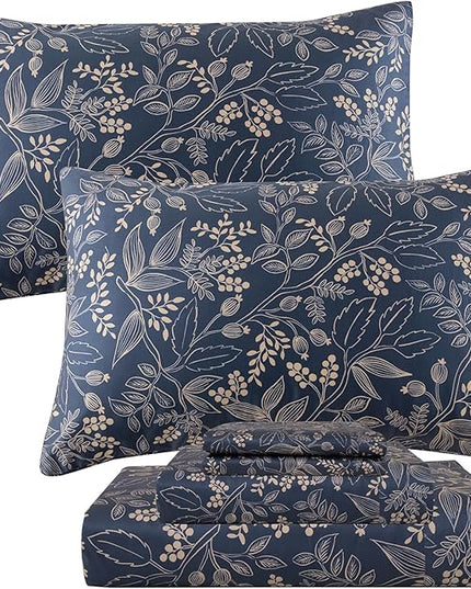 QSH Floral Egyptian Cotton Sheets Queen Size - Elegant Navy Botanical Pattern Printed Bedding Sheets Queen Size Bed Extra Soft and Breathable 4pcs Deep Pockets Bed Sheets - LeafyLoom