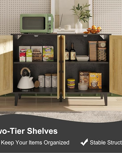 Storage Cabinet with Rattan Trim - 4 Door Sideboard Buffet Cabinet with Storage, Accent Cabinet with Shelves for Bathroom, Coffee Bar, Kitchen, Living Room, Hallway (Black) - LeafyLoom