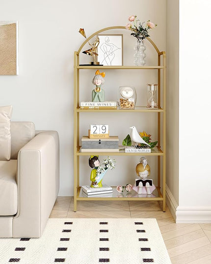 Bookcase Bookshelf, Tempered Glass Bookshelves, Slim Shelving Unit for Bedroom, Bathroom, Home Office, Steel Frame, 4 Tier Gold BC21499G - LeafyLoom