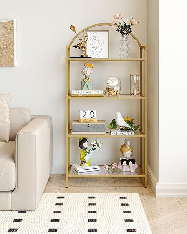 Bookcase Bookshelf, Tempered Glass Bookshelves, Slim Shelving Unit for Bedroom, Bathroom, Home Office, Steel Frame, 4 Tier Gold BC21499G - LeafyLoom