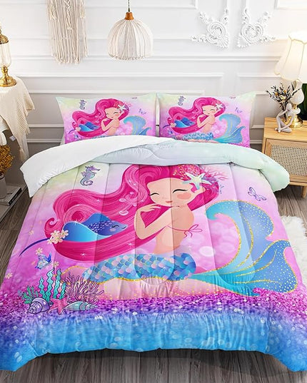 Mermaid Butterfly Comforter Set Queen Size Fairy Tale Sea Shell Grass Bedding Set Colorful Rainbow Quilt Bed Set for Kid Girls with 1 Comforter and 2 Pillowcases - LeafyLoom