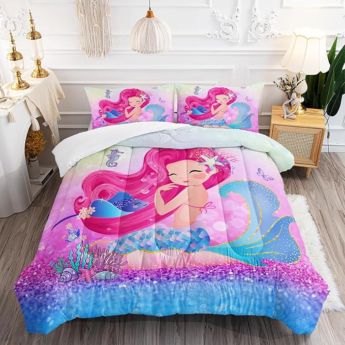 Mermaid Butterfly Comforter Set Twin Size Fairy Tale Sea Shell Grass Bedding Set Colorful Rainbow Quilt Bed Set for Kid Girls with 1 Comforter and 2 Pillowcases - LeafyLoom