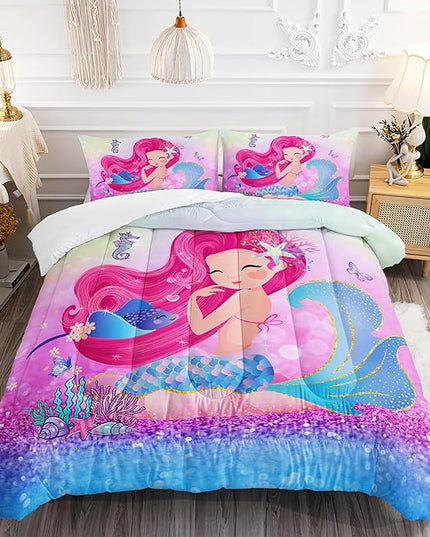 Mermaid Butterfly Comforter Set Full Size Fairy Tale Sea Shell Grass Bedding Set Colorful Rainbow Quilt Bed Set for Kid Girls with 1 Comforter and 2 Pillowcases - LeafyLoom