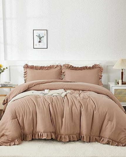 Andency California King Comforter Set Taupe (104x96Inch), 3 Pieces Cal King Ruffle Comforter, Oversized Farmhouse Shabby Chic Bed Comforter, Lighteweight and Soft Microfiber Bedding Set - LeafyLoom