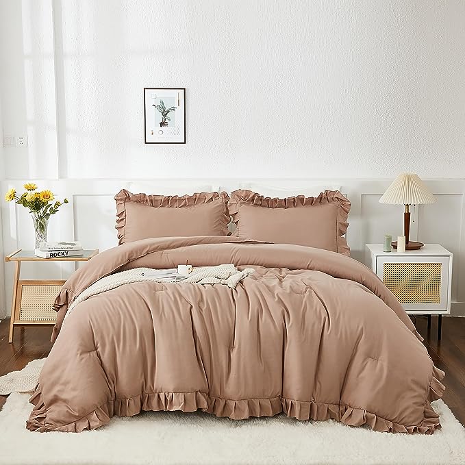 Andency California King Comforter Set Taupe (104x96Inch), 3 Pieces Cal King Ruffle Comforter, Oversized Farmhouse Shabby Chic Bed Comforter, Lighteweight and Soft Microfiber Bedding Set - LeafyLoom