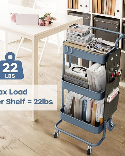 DTK 3 Tier Metal Utility Rolling Cart with Table Top and Side Bags, Metal Tray Storage Organizer Cart with Wheels, Art Craft Cart with 4 Hooks for Kitchen Bathroom Office Living Room (Blue) - LeafyLoom