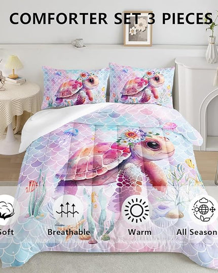 Axolotl Turtle Bedding Set Twin,Colorful Underwater World Comforter Set for Kids Boys Girls Teens,Ocean Comforter Set with Jellyfish,Kids Bedding Set Print Colorful Fish Scales,1 Quilt 2 Pillowcases - LeafyLoom