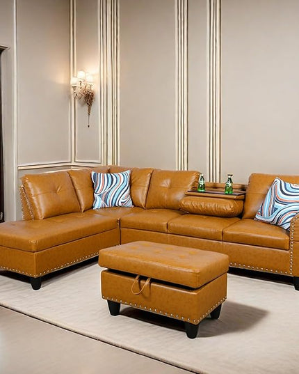 L Shaped Sofa with Ottoman Modern Sectional Living Room, Bedroom, Office, L Couch Ginger - LeafyLoom
