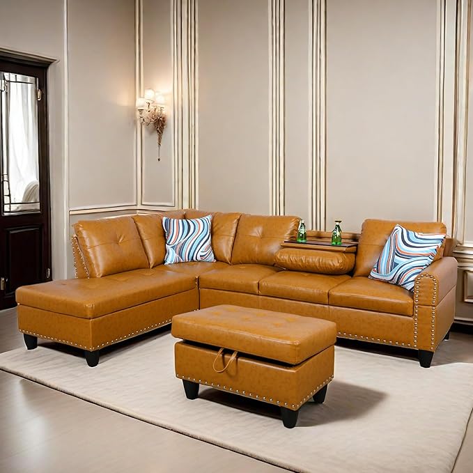 L Shaped Sofa with Ottoman Modern Sectional Living Room, Bedroom, Office, L Couch Ginger - LeafyLoom