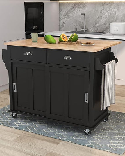 Cart with Rubber Wood Drop-Leaf Countertop and Sliding Barn Door, Rolling Mobile Island on Wheels w/Storage and Towel Rack for Dining Room Kitchen, Black, 52.2 Inch - LeafyLoom