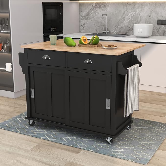 Cart with Rubber Wood Drop-Leaf Countertop and Sliding Barn Door, Rolling Mobile Island on Wheels w/Storage and Towel Rack for Dining Room Kitchen, Black, 52.2 Inch - LeafyLoom