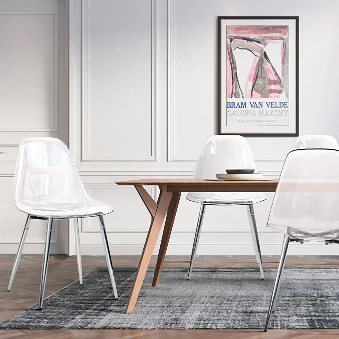 CangLong Acrylic Ghost Crystal Seat, Modern Plastic Shell Accent Side Chairs Legs for Kitchen, Dining, Living, Guest, Bed Room, Set of 4, Transparent + Silver - LeafyLoom