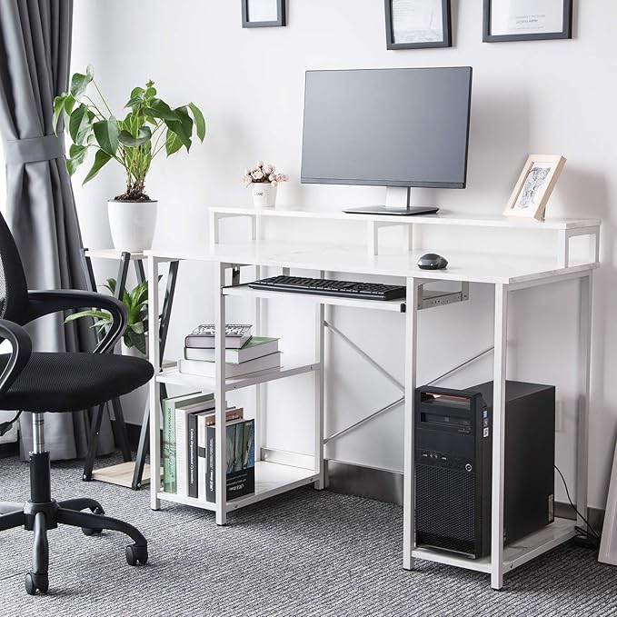 TOPSKY Compact Computer Desk with Storage Shelves/Keyboard Tray/Monitor Stand Study Table for Home Office (White marble texture., 46.5 * 19 inch) - LeafyLoom