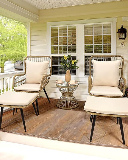 Pamapic Outdoor Patio Bistro Set with Ottoman 5 Piece Rattan Wicker Conversation Chair Sets Balcony Furniture Chairs for Yard Garden Porch Backyard Poolside, Beige - LeafyLoom