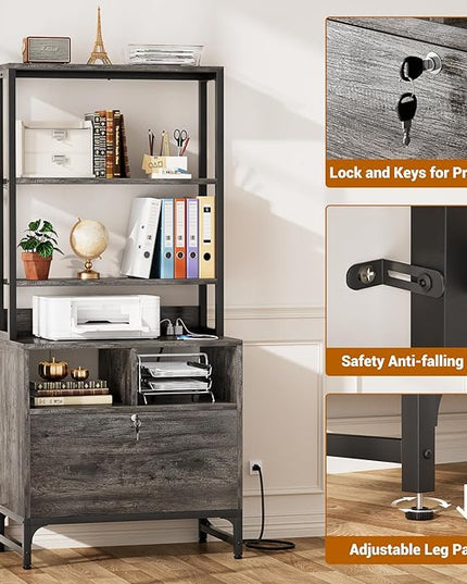 Homieasy File Cabinet with Charging Station, Vertical Filing Cabinet with Lock & Large Drawer, Printer Stand with Storage Shelves, Office Storage Cabinet fits Letter/A4/Legal Size, Grey - LeafyLoom