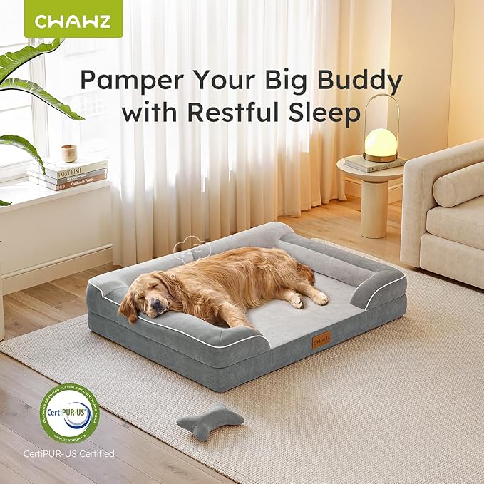 Dog Beds for Large Dogs, Orthopedic Dog Bed with Cooling Gel Memory Foam, Waterproof Large Dog Bed with Removable Washable Cover, 36" Dog Sofa Couch Dutch Velvet with Bone Toy, Light Gray LeafyLoom