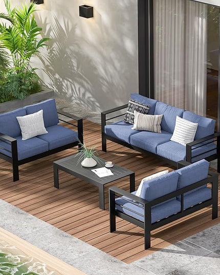 Wisteria Lane Aluminum Outdoor Patio Furniture Set, Modern Patio Conversation Sets, Outdoor Sectional Metal Sofa with 5 Inch Cushion and Coffee Table for Balcony, Garden, Black Frame & Blue Cushion - LeafyLoom