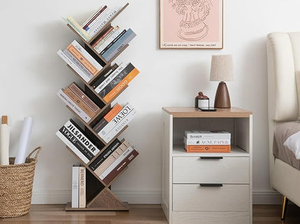 Labcosi 8 Tier Tree Bookshelf, Floor Standing Wood Tree Bookcase, Tall Book Storage Rack for Books/CDs, Book Organizer Shelves for Home Office, Bedroom, Living Room - LeafyLoom