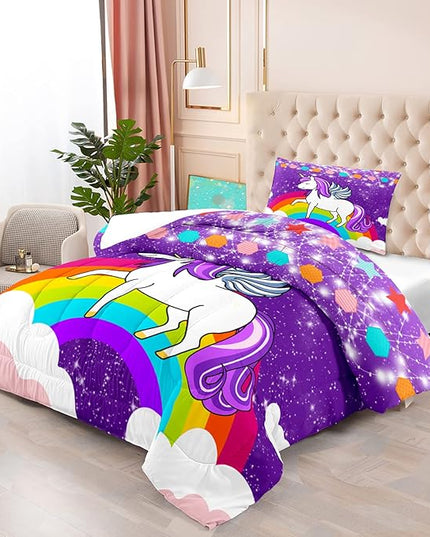 Unicorn Twin Comforter Set for Girls Twin Girls Bedding Set Cute Rainbow Unicorn Comforter Set for Kids Cartoon Girls Bedding Sets Twin Unicorn Print Bedding Sets, Purple, 1 Comforter+1 Pillowcase - LeafyLoom
