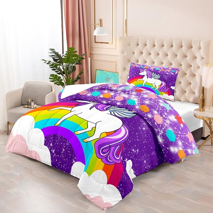 Unicorn Twin Comforter Set for Girls Twin Girls Bedding Set Cute Rainbow Unicorn Comforter Set for Kids Cartoon Girls Bedding Sets Twin Unicorn Print Bedding Sets, Purple, 1 Comforter+1 Pillowcase - LeafyLoom