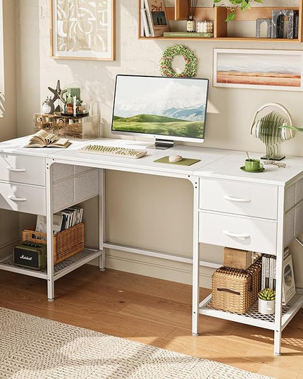 63 Inch Computer Desk with 4 Drawers, Office Desk with Mesh Shelf, Gaming Desk, Large Storage, Writing Desk Work Desk for Home Office, Study, Bedroom, Work from Home, White - LeafyLoom