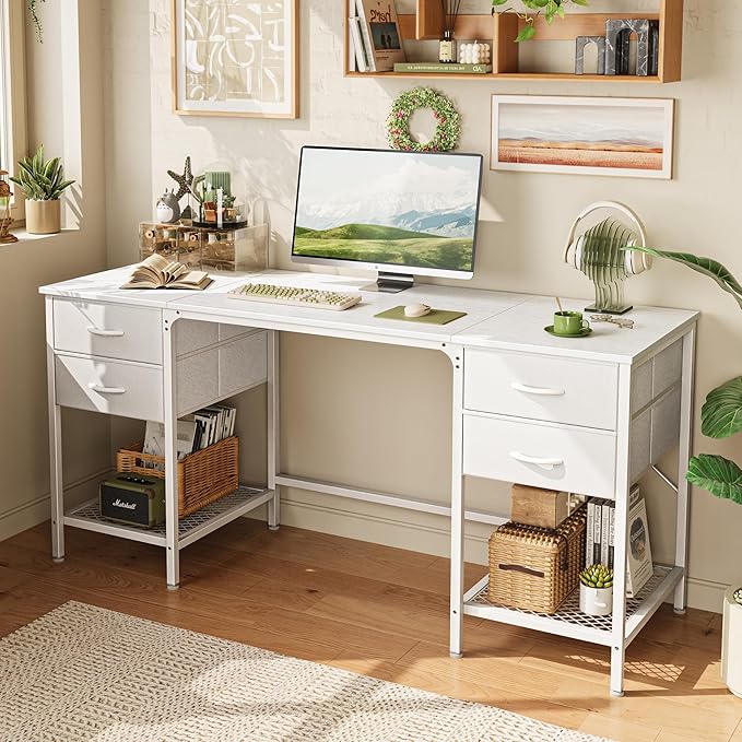 63 Inch Computer Desk with 4 Drawers, Office Desk with Mesh Shelf, Gaming Desk, Large Storage, Writing Desk Work Desk for Home Office, Study, Bedroom, Work from Home, White - LeafyLoom