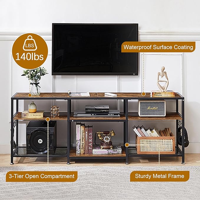 VECELO 55" TV Stand for 55/60/65 Inch Television, Entertainment Center with Storage Shelves & Hooks, 3-Tier Modern Wooden Console Table for Living, Bedroom and Gaming Room, 55 Inch, Retro Brown - LeafyLoom