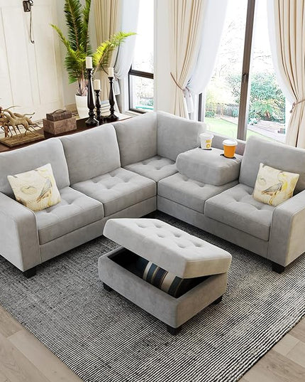 Sectional Sofa Couch w/Ottoman & Chaise, Upholstered L Shape Modular Sofa&Couch,Button Tufted Comfy for Living Room Furniture Sets, Home, LIGHT GREY CupHolders - LeafyLoom
