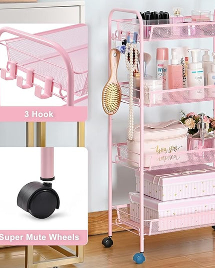 TOOLF 4-Tier Rolling Cart, Metal Utility Cart with 3 Hooks, Easy Assemble Mobile Storage Trolley On Wheels, Metal Shelving Units Kitchen Bathroom Laundry Room - LeafyLoom