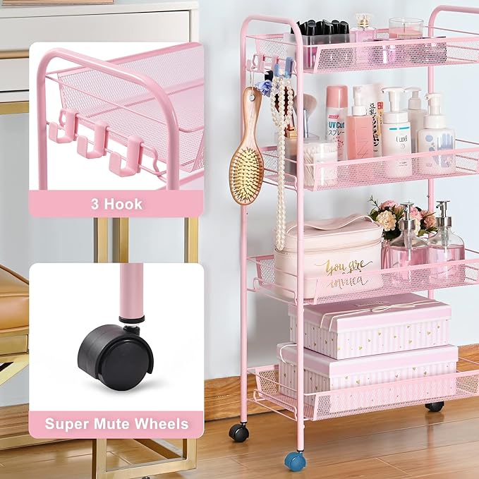 TOOLF 4-Tier Rolling Cart, Metal Utility Cart with 3 Hooks, Easy Assemble Mobile Storage Trolley On Wheels, Metal Shelving Units Kitchen Bathroom Laundry Room - LeafyLoom
