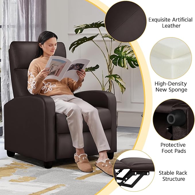 Yaheetech Recliner Chair Faux Leather Recliner Sofa Adjustable Modern Recliner Seat Club Chair Home Theater Seating Brown - LeafyLoom