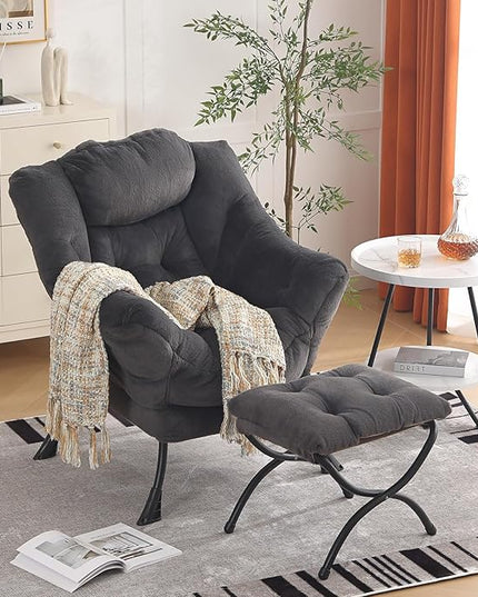 Oversized Chair with Ottoman, Modern Reading Chair, Lounge Accent Chair with Armrests and a Side Pocket for Small Space, Bedroom, Study, Living Room (Plush Dark Grey) - LeafyLoom