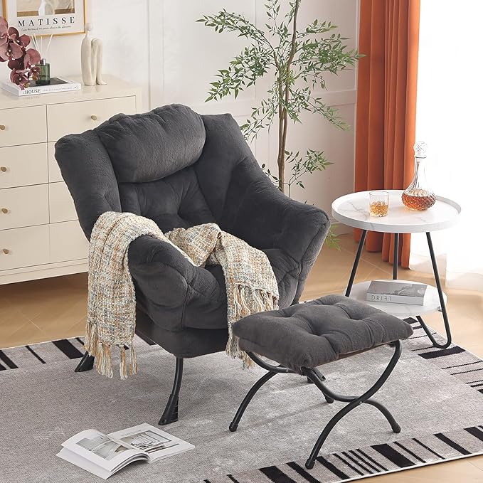 Oversized Chair with Ottoman, Modern Reading Chair, Lounge Accent Chair with Armrests and a Side Pocket for Small Space, Bedroom, Study, Living Room (Plush Dark Grey) - LeafyLoom