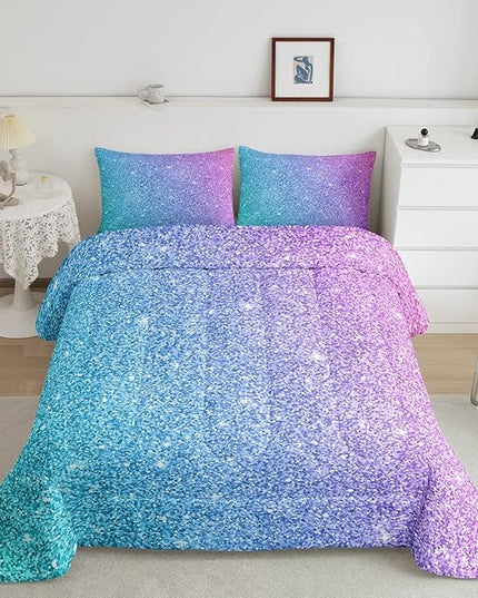 Colorful Glitter Bedding King Girly Turquoise Teal Blue Pink Pastel Girls Comforter Set 3 Pcs Trendy Quilt Duvet for Kid Women Down Comforter with Sparkle Sequin Pattern Bling Bedroom Decor Bed Cover - LeafyLoom