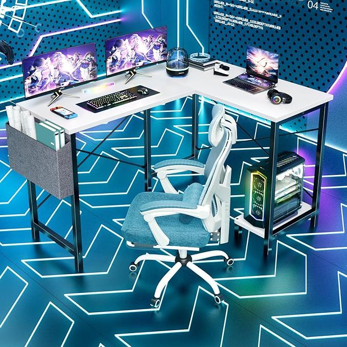DUMOS Wood Computer Desk PC Gaming Table with Side Storage Bag for Home Office Small Spaces, White, 50 Inch - LeafyLoom