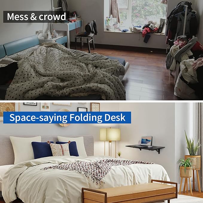 Folding Wall Desk, Wall Desk Fold Down Wall Mounted Desk for Small Space, Floating Desk, Black, 35.4 x 15.8 inch - LeafyLoom