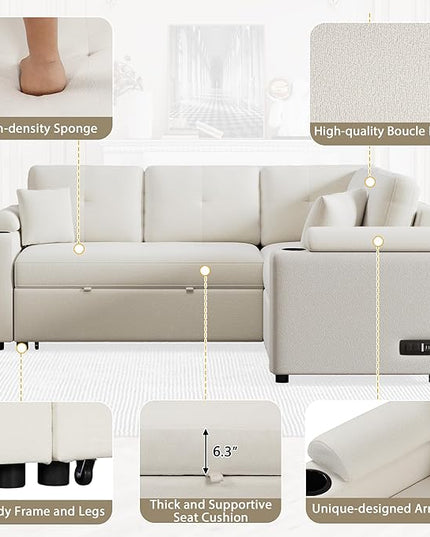Boucle Upholstered Reversible Sleeper Sectional Sofa with Pull Out Bed , 3 Seater L Shaped Convertible Corner Couch with Cupholders&USB Ports, Power Sockets, Small Pullout Sofabed for Living Room - LeafyLoom