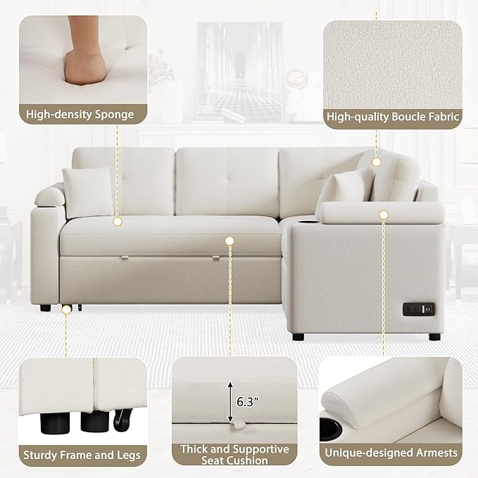 Boucle Upholstered Reversible Sleeper Sectional Sofa with Pull Out Bed , 3 Seater L Shaped Convertible Corner Couch with Cupholders&USB Ports, Power Sockets, Small Pullout Sofabed for Living Room - LeafyLoom