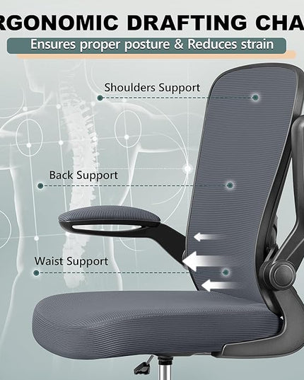 FelixKing Drafting Chair Ergonomic Tall Office Chair, Breathable Mesh Chair with Adjustable Footrest Ring Lumbar Support Flip-up Armrests, High Back Executive Comfy Task Computer Chair for Home Office - LeafyLoom