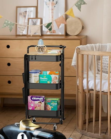 DTK 3 Tier Metal Utility Rolling Cart with Table Top and Side Bags, Tray Storage Organizer Wheels, Art Craft 4 Hooks for Kitchen Bathroom Office Living Room (Black) - LeafyLoom