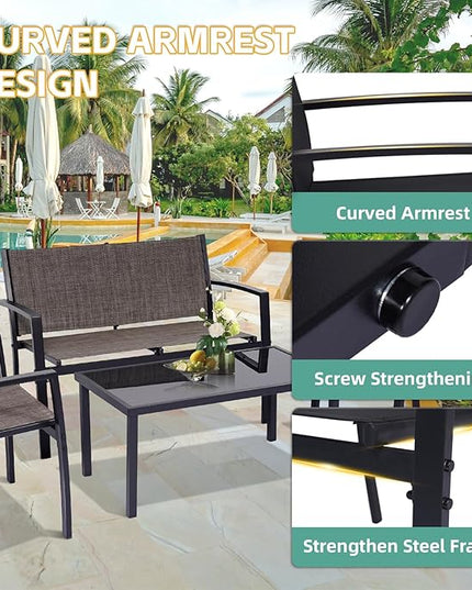 4 Pieces Patio Furniture Set Outdoor Garden Patio Conversation Sets Poolside Lawn Chairs with Tempered Glass Coffee Table Loveseat Porch Furniture Textilene Fabric Brown - LeafyLoom