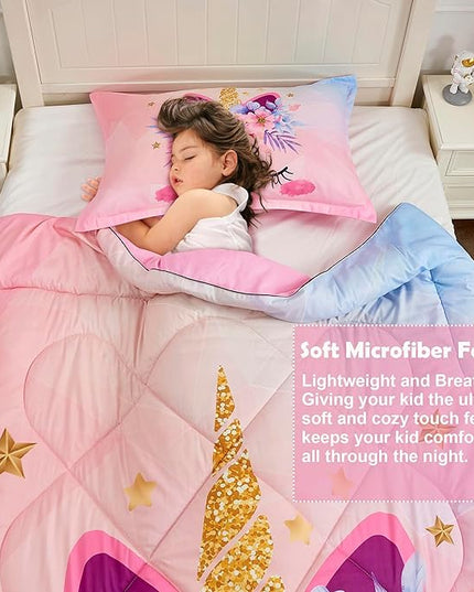 VIVILINEN Twin Size Bedding Set for Girls 3 Piece Pink Unicorn Kids Comforter Set Cartoon Unicorn Flowers Quilt Set Bed in A Bag Lightweight Duvet Bed Set for Kids Teen Girls Women with 2 Pillowcases - LeafyLoom