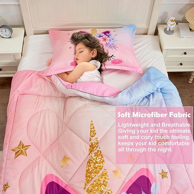 VIVILINEN Twin Size Bedding Set for Girls 3 Piece Pink Unicorn Kids Comforter Set Cartoon Unicorn Flowers Quilt Set Bed in A Bag Lightweight Duvet Bed Set for Kids Teen Girls Women with 2 Pillowcases - LeafyLoom