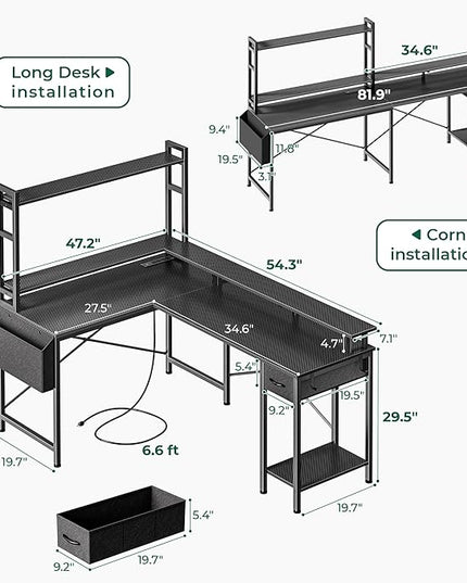 L Shaped Desk Computer Desk with LED Lights & Power Outlets, Gaming Desk with Storage Shelves, Corner Desk Home Office Desks for Bedroom, Carbon Fiber Black - LeafyLoom