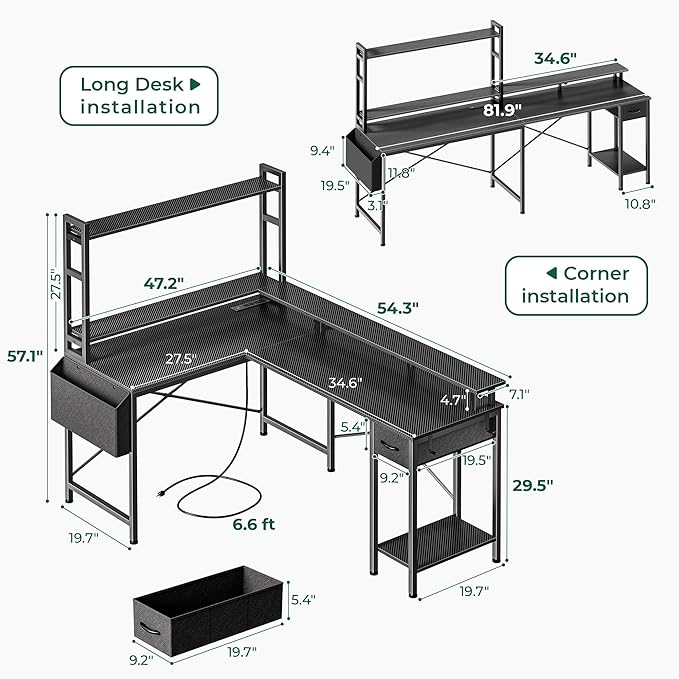 L Shaped Desk Computer Desk with LED Lights & Power Outlets, Gaming Desk with Storage Shelves, Corner Desk Home Office Desks for Bedroom, Carbon Fiber Black - LeafyLoom