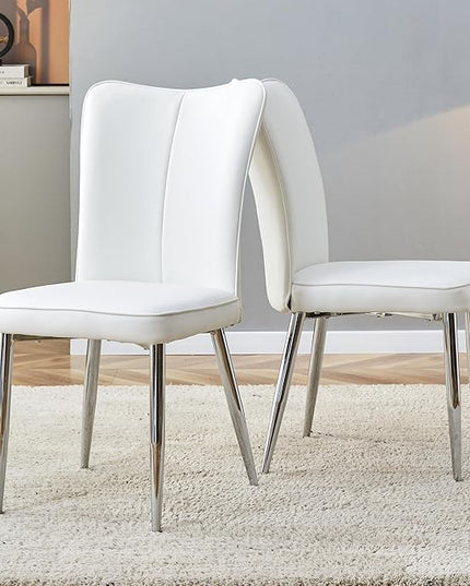 Modern Dining Chairs Set of 2, PU Leather Seat Cushions White Dining Room Chair, with Silver Metal Legs Kitchen Chair for Home Living Room, Restaurant, White Chair Silver Legs - LeafyLoom