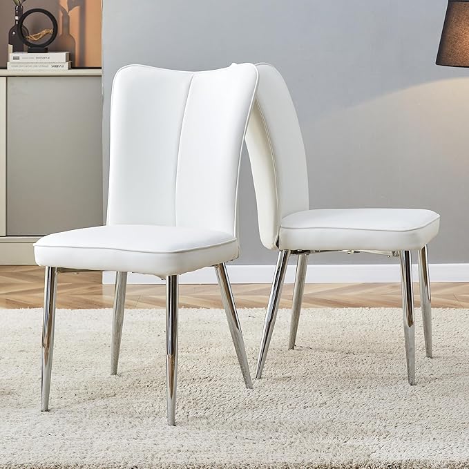Modern Dining Chairs Set of 2, PU Leather Seat Cushions White Dining Room Chair, with Silver Metal Legs Kitchen Chair for Home Living Room, Restaurant, White Chair Silver Legs - LeafyLoom